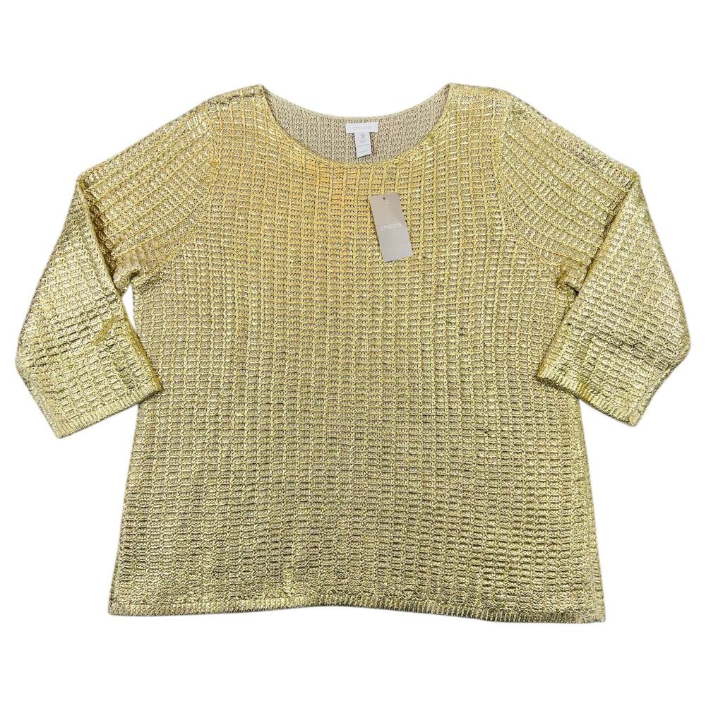 Chico’s Gold Glamour Foil Pullover Open Knit Sweater 3/4 Sleeve - Chico’s 3/XL